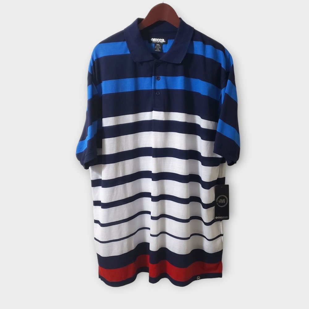 VTG Mecca USA Mens 3XL Striped Polo Shirt Navy Blue White Red Short Sleeve NWT